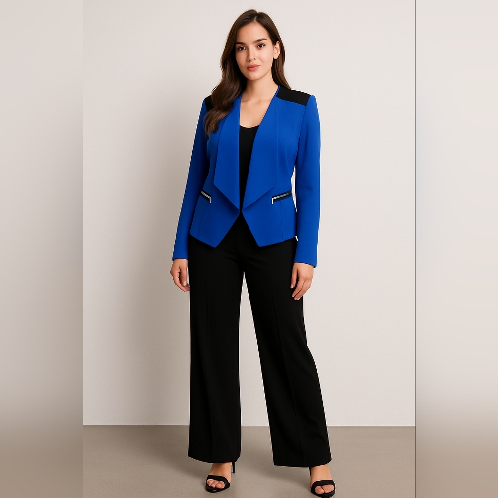 Nine West Womens Size 8 Stylish Blue and Black Open Front Blazer Office Work
